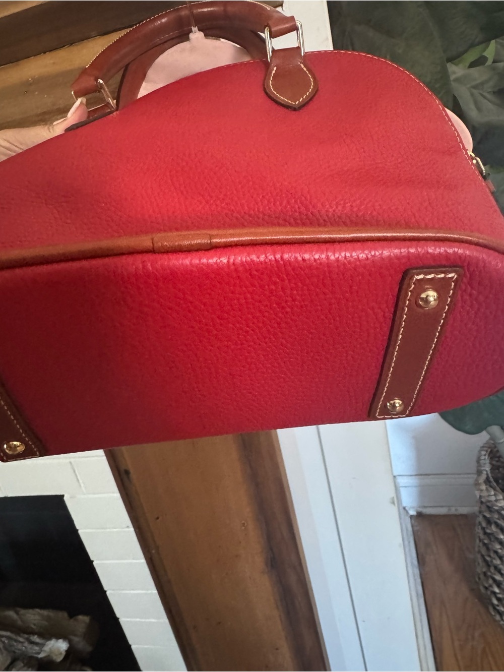 Dooney & Burke Red Dome Satchel Handbag with Tan Trim - Picture 7 of 14
